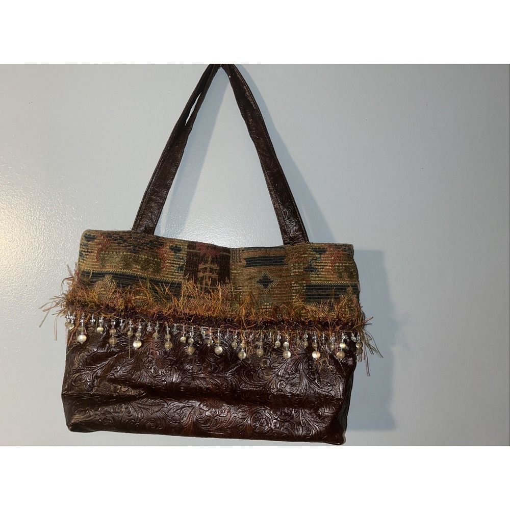 Social Butterfly Tapestry Bag Tote Purse Faux Leather Beads Boho Art Fringe
